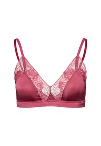 Vaaleanpunainen rintaliivi, jossa on pitsireunus, säädettävät olkaimet, pehmeä satiinikangas ja v-mallinen kaula-aukko. Ilman tukilankaa.