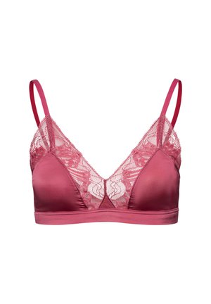Pink bralette with lace trim, featuring adjustable straps, soft satin fabric, and a v-neck design. No underwire.