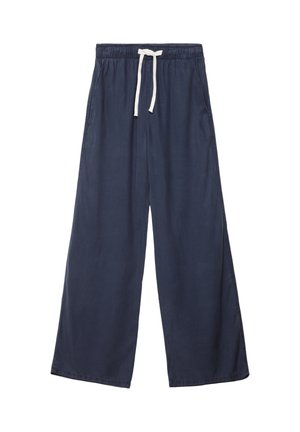 Pantaloni a gamba larga blu navy realizzati in un morbido tessuto testurizzato. Presentano una cintura elasticizzata con cordino e tasche laterali.