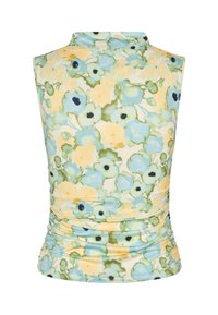 Sleeveless top in soft, stretchy fabric with a light blue, yellow, and green floral print. Features a high neck and gathered detailing at the sides.