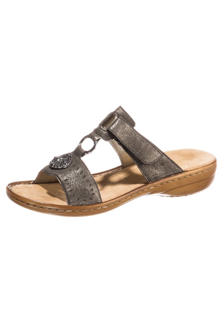 Bronze leather sandal with decorative embossed design, open toe, adjustable strap, and cushioned footbed. Slightly curved wedge sole.