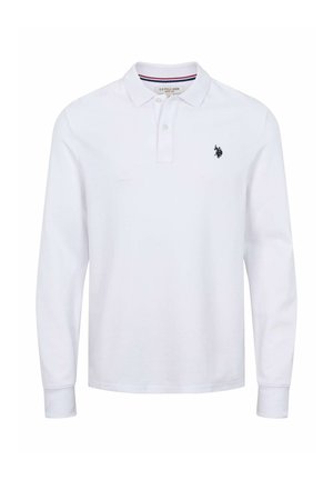 Weißes langärmliges Poloshirt mit Kragen, Zwei-Knopf-Leiste und kleinem dunklem Logo auf der linken Brust von U.S. Polo Assn.
