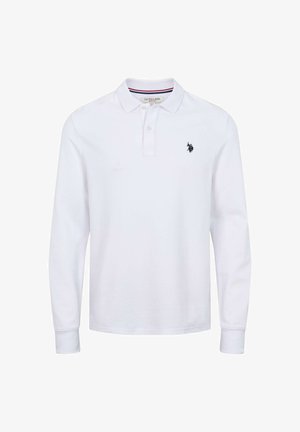 Biała koszulka polo z długim rękawem, kołnierzykiem, plisą na dwa guziki oraz małym ciemnym logo na lewej piersi od U.S. Polo Assn.