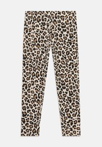 Leggings de estampado de leopardo en beige, con cintura elástica, textura suave y manchas negras y marrones prominentes en todo el diseño.
