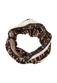 Infinity-sjal med en blanding af brune og cremefarvede nuancer. Har abstrakte mønstre og hvide tekstaccents, lavet af blødt, letvægtigt stof.