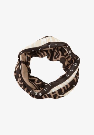 Szalik typu infinity w odcieniach brązu i kremu. Posiada abstrakcyjne wzory i akcenty z białym tekstem, wykonany z miękkiego, lekkiego materiału.