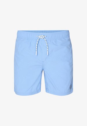 Lichtblauwe zwembroek gemaakt van lichtgewicht stof, voorzien van een elastische tailleband met een contrasterend trekkoord en een label aan de zijkant.