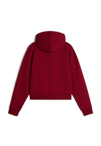 Cropped hooded sweatshirt in deep red, made from soft fabric. Features long sleeves and ribbed cuffs. Minimal design with no additional details.