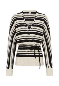 Gestreifter Strickcardigan in Schwarz und Creme, mit Wickeldesign, V-Ausschnitt, langen Ärmeln, Taillienschnürung sowie gerippten Bündchen und Saum. Funkelnde Details sind sichtbar.