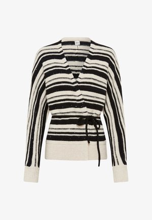 Gestreifter Strickcardigan in Schwarz und Creme, mit Wickeldesign, V-Ausschnitt, langen Ärmeln, Taillienschnürung sowie gerippten Bündchen und Saum. Funkelnde Details sind sichtbar.