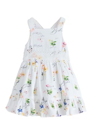 Witte mouwloze jurk met bloemen- en vlinderprints, met kanten detail in de taille en een gerimpelde zoom.