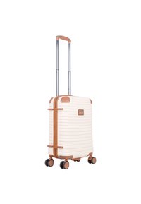 Hard-shell luggage in cream with brown accents, vertical ribbed texture, retractable handle, and four wheels for mobility.