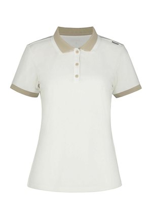 Weißes Poloshirt mit kurzen Ärmeln, beigem Kragen und Ärmelbündchen, drei beigen Knöpfen und einem kleinen schwarzen Etikett auf der rechten Schulter.