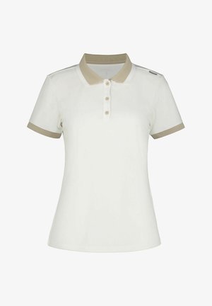 Polo blanc à manches courtes avec col et poignets de manches beiges, trois boutons beiges et une petite étiquette noire sur l'épaule droite.