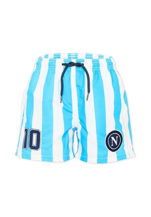Niebiesko-białe kąpielówki w pionowe paski z czarnym sznurkiem, łatka z numerem "10" na lewej nodze oraz okrągłe logo "N" na prawej nodze.