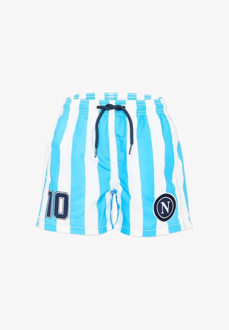 Short de bain rayé verticalement bleu et blanc avec cordon noir, écusson numéro "10" sur la jambe gauche et logo circulaire "N" sur la jambe droite.