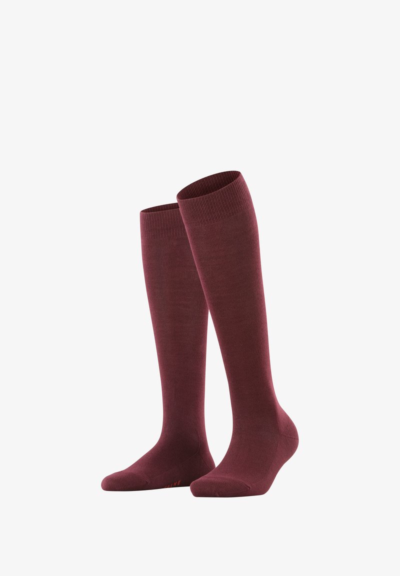 Knielange Socken in einem burgunderfarbenen Farbton, aus weichem, glattem Strickmaterial mit gerippten Oberteilen. Verfügt über einen Standardzehenentwurf und minimale Markenkennzeichnung.