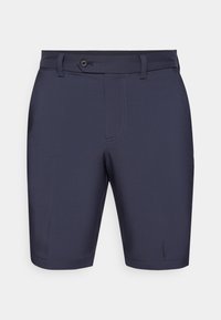 Marineblå shorts med flat front, knappelukking, beltehemper og subtile sømdetaljer. Laget av et glatt, lett materiale.