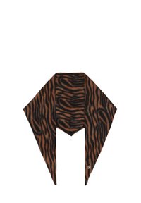 Brown scarf featuring a tiger stripe pattern, made of soft fabric. The design has pointed ends and a small logo detail on one side.