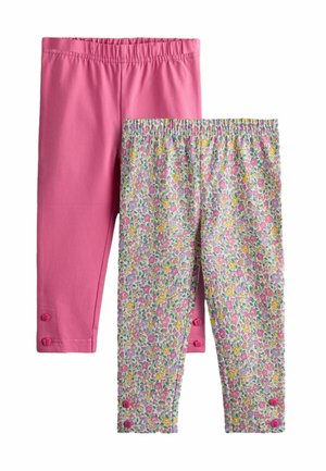 Dva páry legín pre batoľatá: jeden jednofarebný ružový, druhý s farebným kvetinovým vzorom, oba s elastickým pásom a gombíkmi pri členkoch.