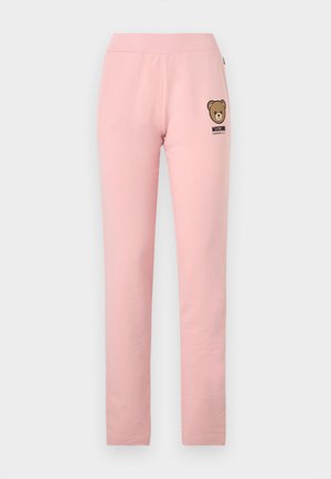 Lichtroze aansluitende broek met elastische tailleband, klein berenlogo en tekst "Moschino Underwear" op de linkerheup.