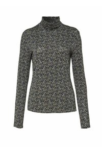 Langärmeliges Rollkragenoberteil in einem Marineblau- und Beigetönen mit wirbelndem Muster, hergestellt aus einem strukturierten Stoff. Figurbetonte Silhouette mit hohem Kragen.