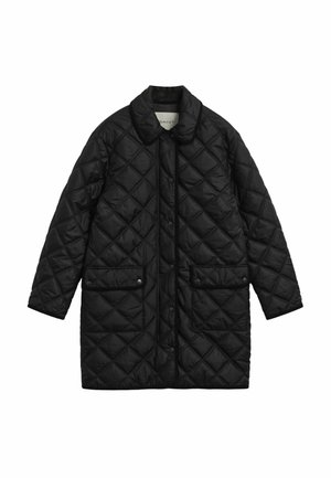Black quilted coat with a collar, featuring a diamond pattern, front button closure, and two side pockets. Smooth texture and regular fit.