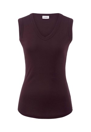 Ärmelloses V-Ausschnitt-Oberteil aus dunkellila Stoff, mit taillierter Passform und glatter Textur, sowie einem geschwungenen Saum für einen sauberen Abschluss.