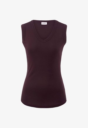 Mouwloze top met V-hals in donkerpaarse stof, met een aangesloten ontwerp en een gladde textuur, en een gebogen zoom voor een nette afwerking.