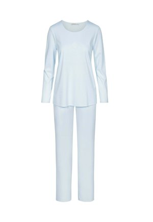Lichtblauwe longsleeve top en bijpassende rechte broek, afgebeeld op een effen witte achtergrond.