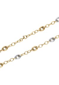 Gold and silver-toned chain necklace featuring alternating circular links, with a lobster clasp closure for secure fastening.