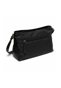 Borsa a tracolla nera in tessuto con tasca anteriore con zip, forma piatta e texture liscia; presenta una robusta tracolla regolabile e accenti in pelle.