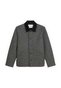 Geklede jas van gestructureerde stof in zwart en beige, met een zwarte corduroy kraag, voortassen en knoopsluiting.