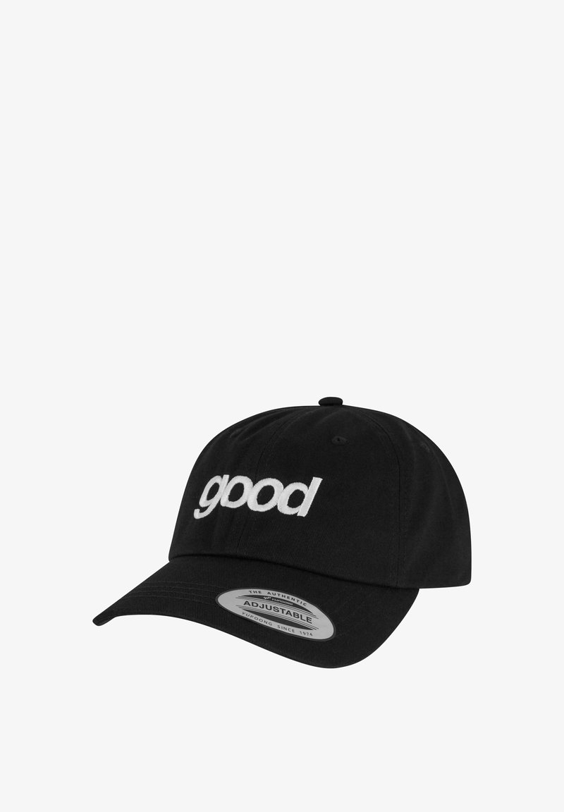 Cappellino da baseball nero in cotone, con la scritta ricamata "good" in bianco sul fronte. Cinghia regolabile sul retro.