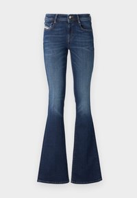 Dunkel gewaschene Schlagjeans mit mittelhoher Taille, klassischem Fünf-Taschen-Design und dezentem Verblassen an den Oberschenkeln.