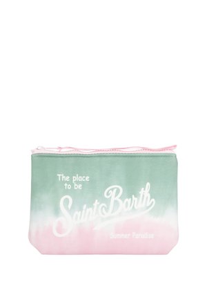 Piccola pochette rettangolare con cerniera con sfumatura verde e rosa e testo bianco che dice "The place to be Saint Barth Summer Paradise."