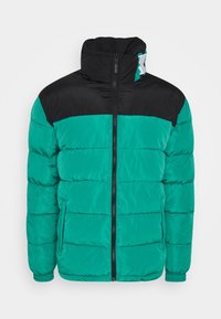 Vadderad jacka med en teal-färgad kropp och svarta axlar, med hög krage, framdragkedja och elastiska muddar. Slät, glänsande yta.