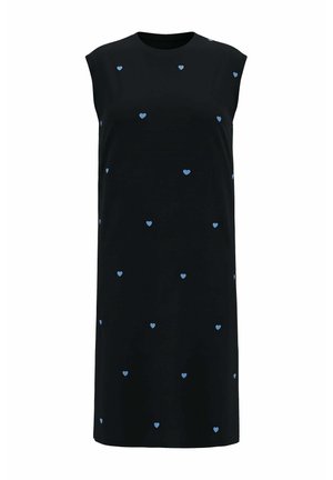 Vestito nero senza maniche con taglio dritto, decorato con piccoli motivi a forma di cuore azzurri distribuiti uniformemente.