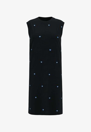 Vestito nero senza maniche con taglio dritto, decorato con piccoli motivi a forma di cuore azzurri distribuiti uniformemente.