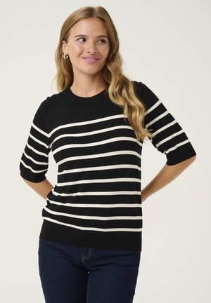 Pull court à manches courtes rayé noir et blanc avec un col rond, fabriqué dans un matériau doux, avec une coupe décontractée et des bords côtelés.