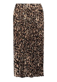 Plissé maxi-rok in zwart en tan met een luipaardprint. Voorzien van een elastische tailleband en een vloeiend ontwerp.
