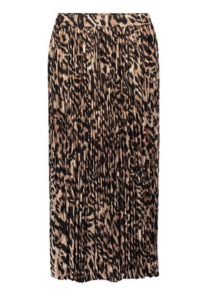 Gonna maxi plissettata in stampa leopardata nera e beige; cintura elastica; tessuto leggero con un aspetto testurizzato. Il design sta attirando l'attenzione.