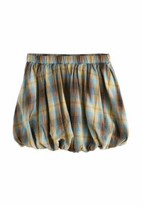 Blauwe en bruine geruite bubble rok met een elastische tailleband en geplooide textuur, gemaakt van lichtgewicht stof.