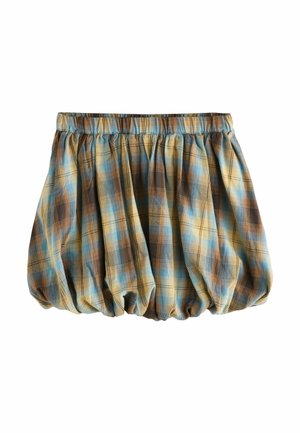 Blauwe en bruine geruite bubble rok met een elastische tailleband en geplooide textuur, gemaakt van lichtgewicht stof.