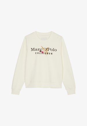 Felpa color crema con scollo rotondo, caratterizzata da testo ricamato e un motivo grafico in marrone e rosa. Tessuto morbido, polsini a costine.