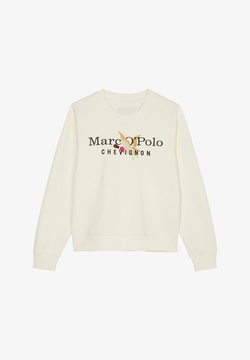Sudadera color crema con cuello redondo, que presenta texto bordado y un diseño gráfico en marrón y rosa. Tela suave, puños acanalados.