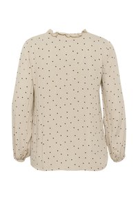 Beige pusero, jossa on mustia pilkkuja, pitkät hihat, joissa on rypytetty alaosa, ja röyhelökaulus. Kevyt, teksturoidusta kankaasta valmistettu.
