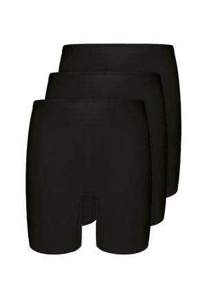 Three pairs of plain black boxer briefs stacked behind each other on a white background.