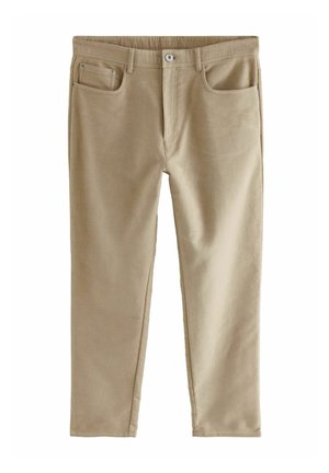 Beige katoenen broek met een rechte pasvorm, uitgerust met twee voorkezen en een enkele achterzak, knoopsluiting en een subtiele structuur.