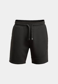 Pantaloni sportivi neri con vita elasticizzata, cordino, tasca laterale e tessuto liscio. Progettati per comfort e mobilità.